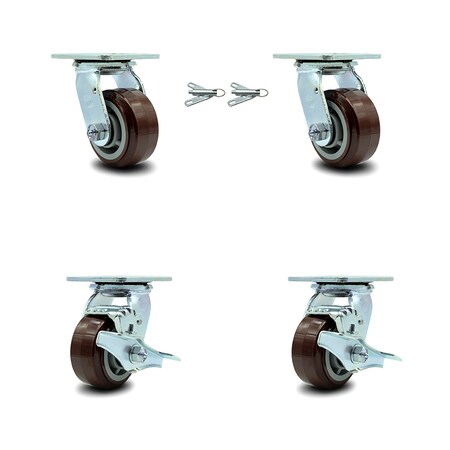Service Caster 4 Inch Polyurethane Caster Set with Roller Bearings 2 Swivel Lock 2 Brake SCC SCC-30CS420-PPUR-BSL-2-TLB-2